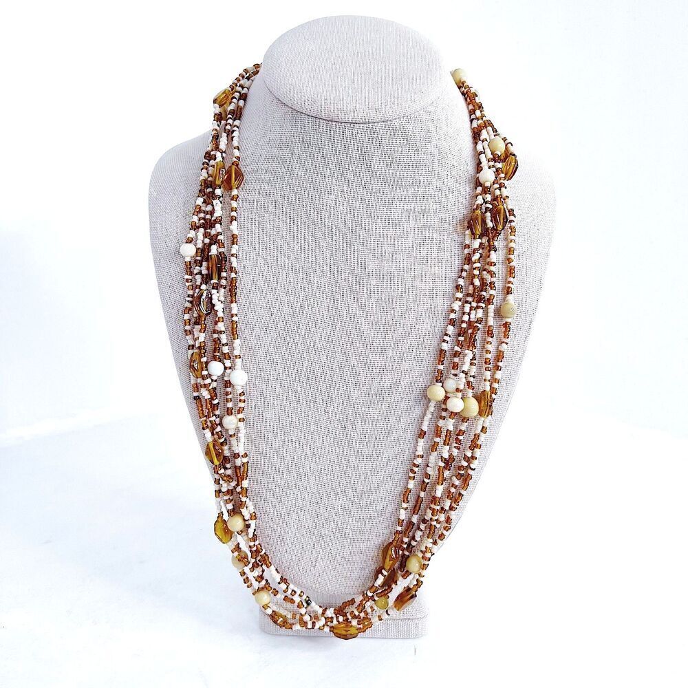 Brown and White Beaded Multistrand Seed Bead Statement Necklace Boho